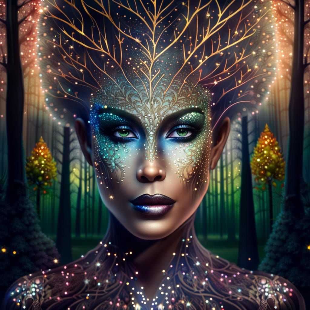 Woman in Glittering Forest: Intricately Detailed HDR Image
