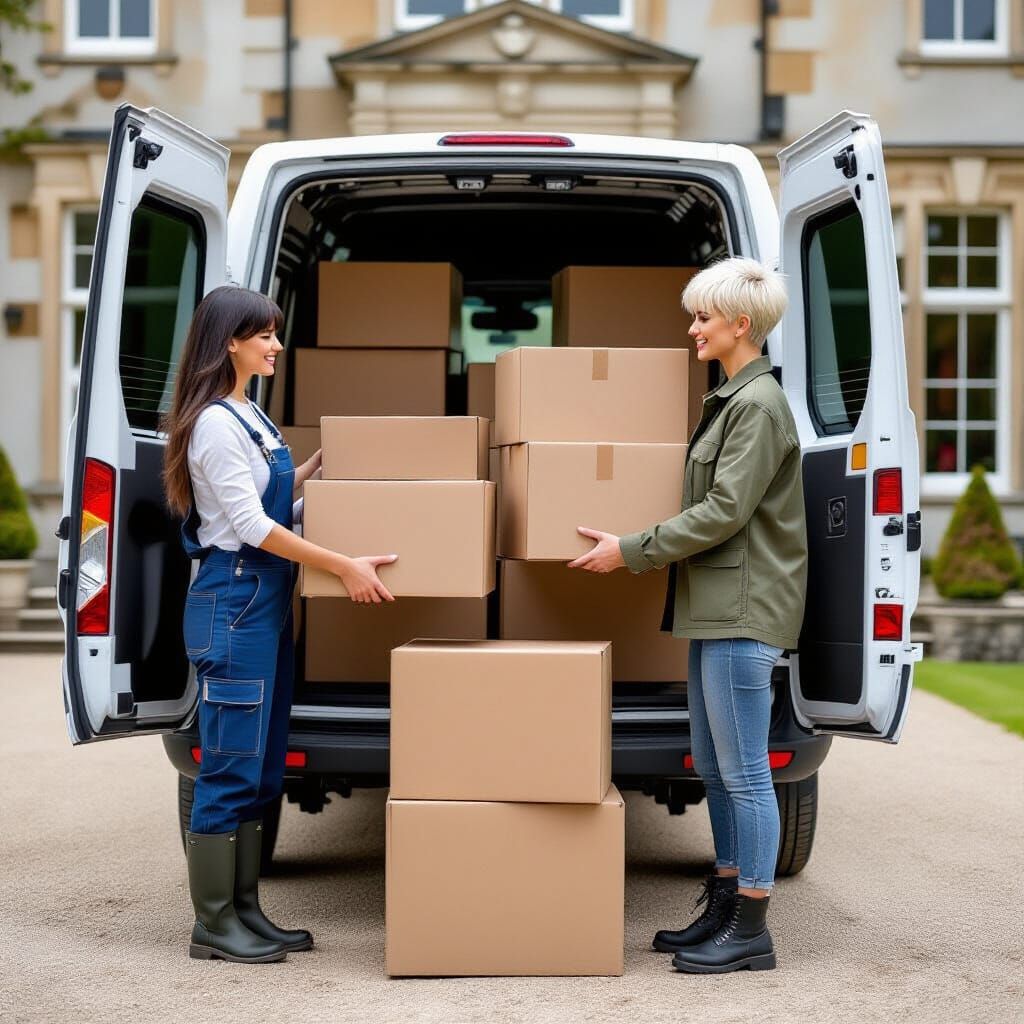 Women Unloading Boxes from Van at Mansion
