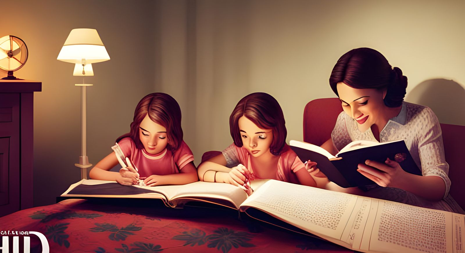 Nostalgic Mother-Daughter Moment in 3D Render