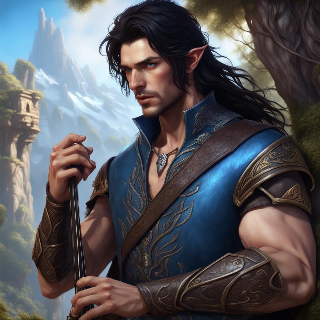 Fantasy Half-Elf Bard with Lyre, Detailed Digital Art