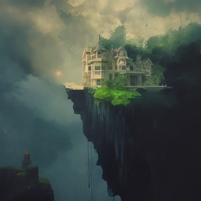 Victorian Mansion on Stormy Cliff: Maximalist Digital Art