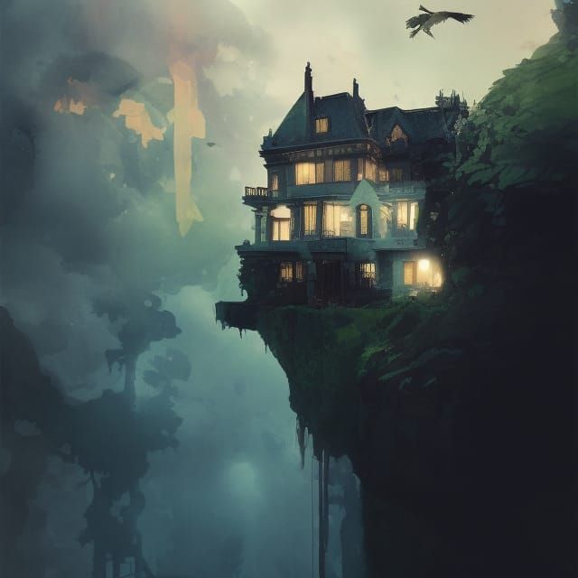 Victorian Mansion on Stormy Cliff, Acrylic Painting