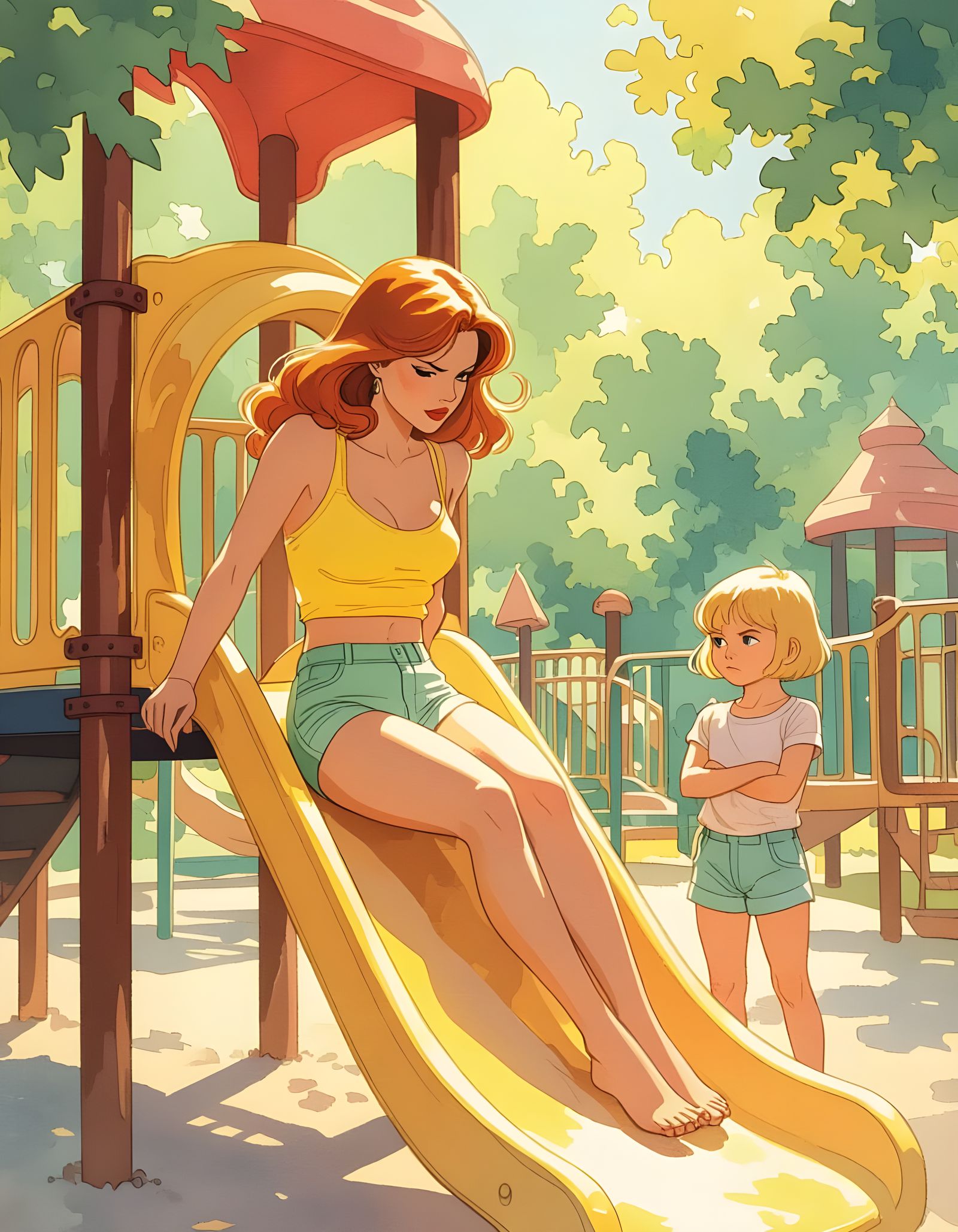 Woman Slides Down Playground Slide, Girl Disapproves