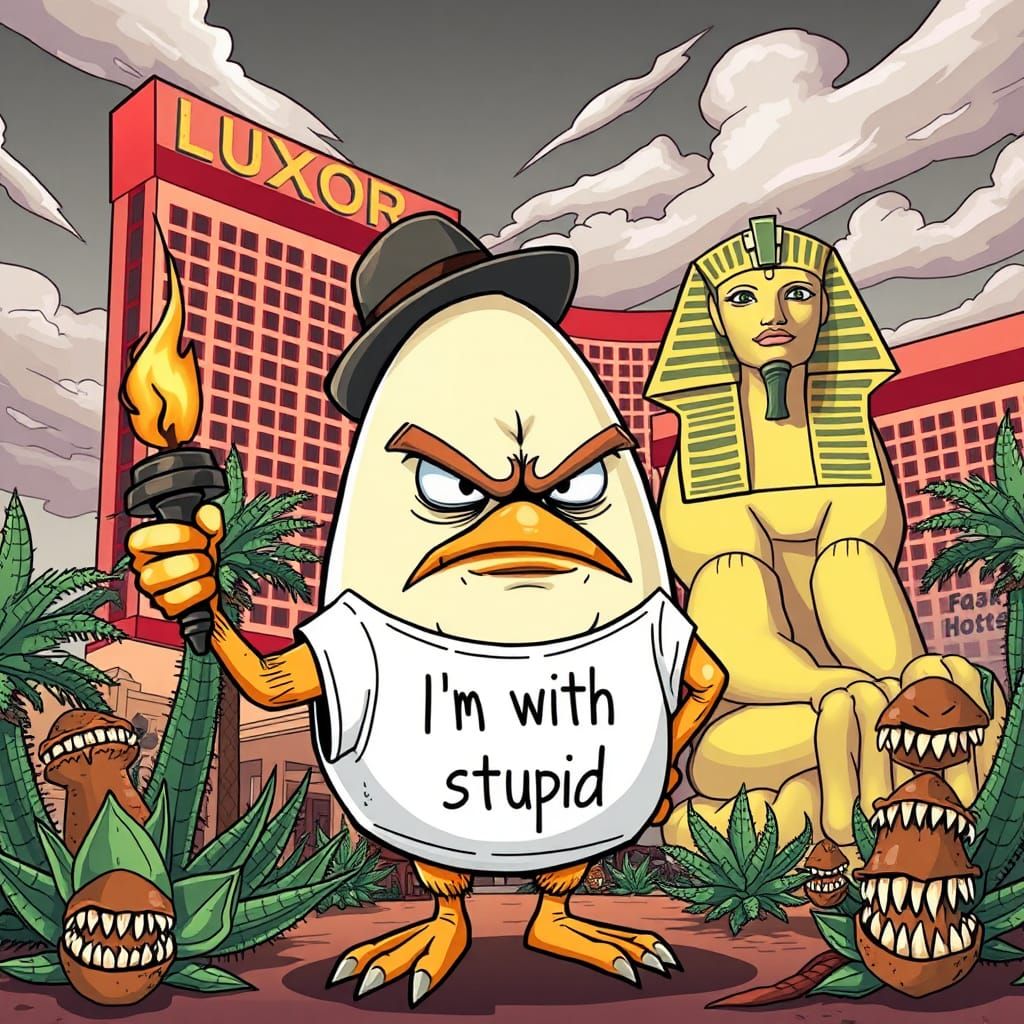 Angry Egg Scorns Vegas Luxor in Cartoon Style
