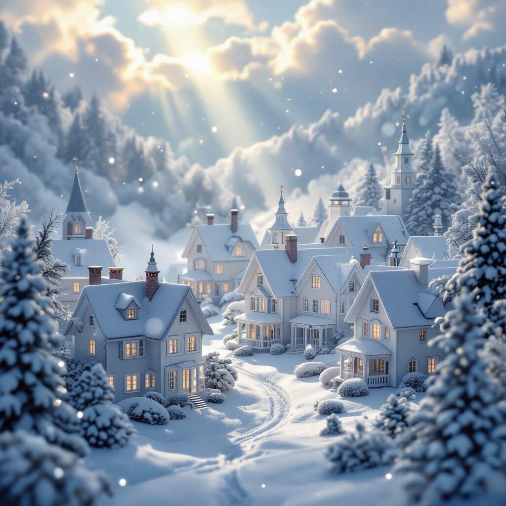 Ethereal White Dollhouse Village in Misty Snowfall