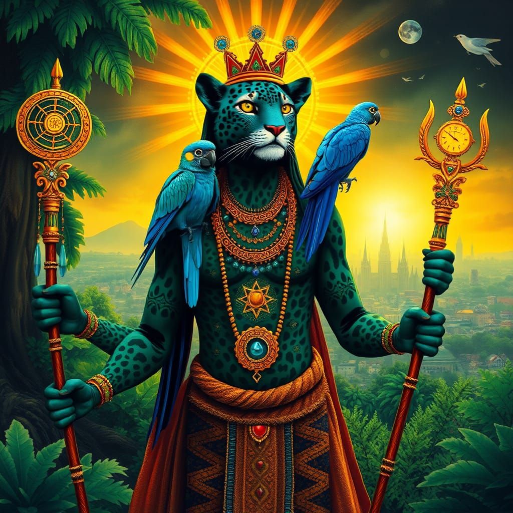 Vibrant Leopard Shaman with Parrot in Surreal Style