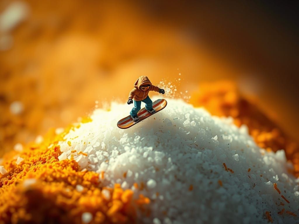 Miniature Snowboarder Rides Down Salt Hill in Vibrant, Spice...
