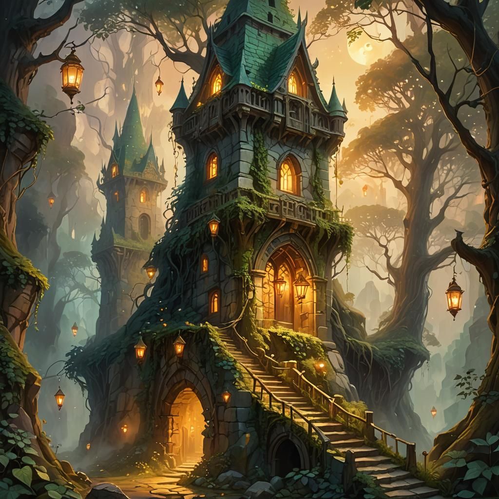 Elvish Tower in Mystical Forest: Fantasy Illustration