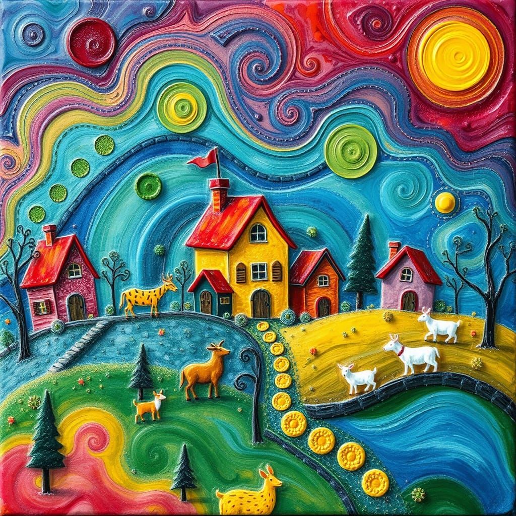 Encaustic Image of Small Country Village with Animals