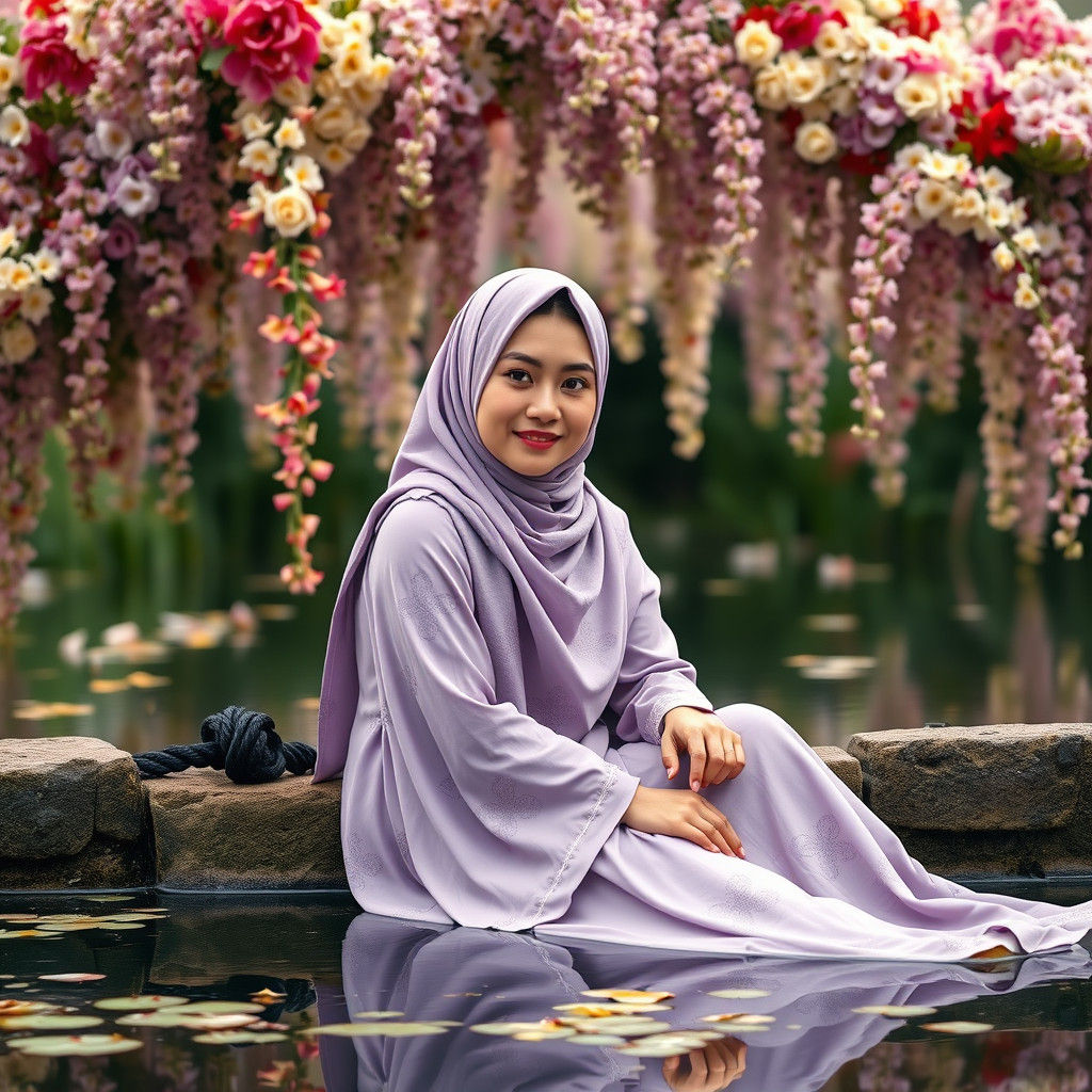 Asian Woman in Lavender Dress by Pond