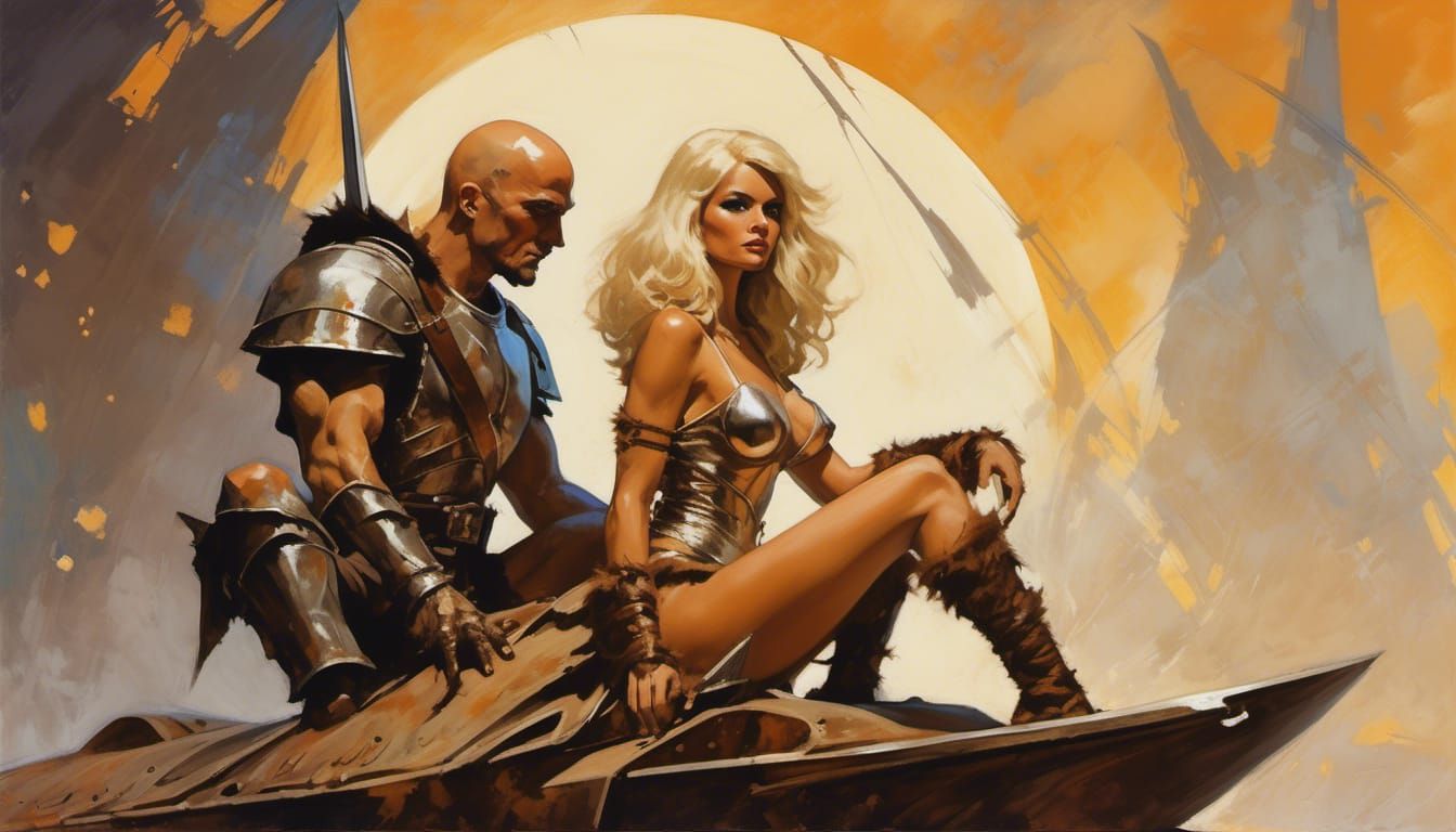 Barbarian Warlord on Retro Starship, in 1970s Fantasy Style