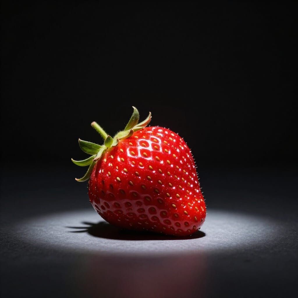 Single Strawberry Under Dramatic Spotlight on Stage