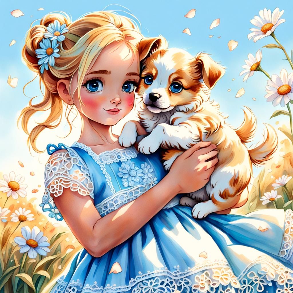 Girl with Puppy in Sunlight, Colored Pencil Art