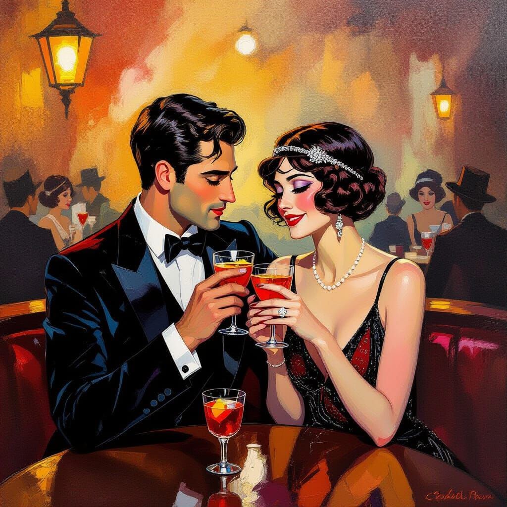 Elegant Couple in Jazz Cafe: Neo-Impressionist Style