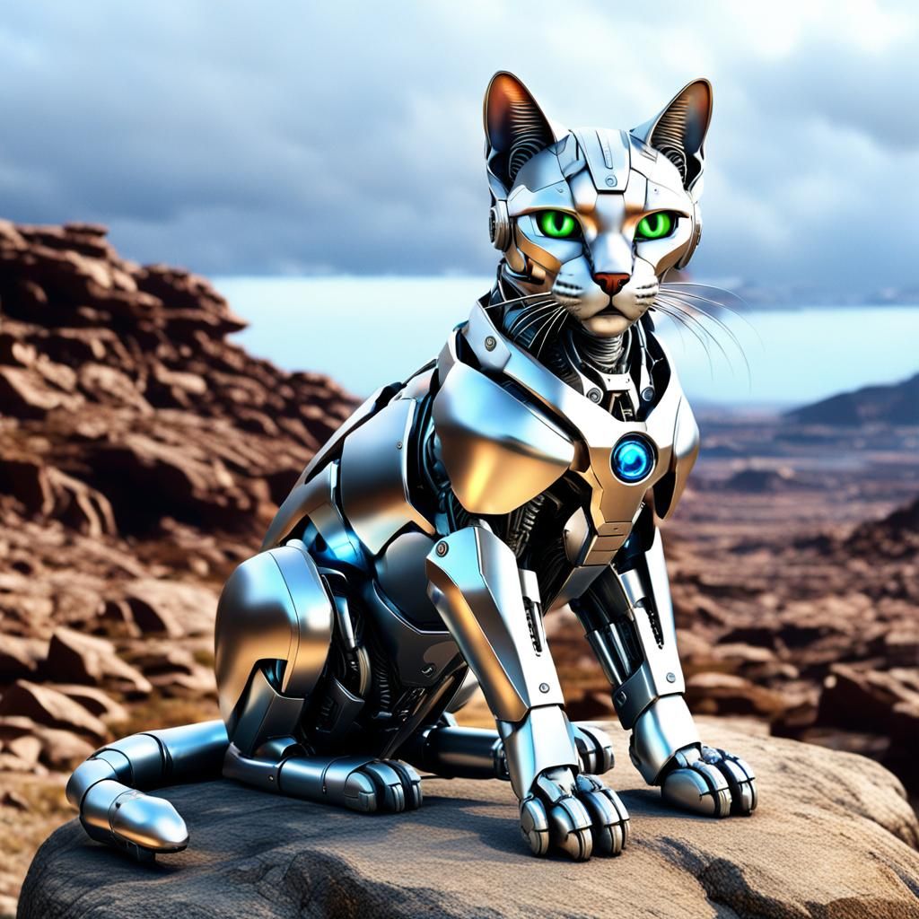 Silver Cyberpunk Cat Robot Statue on Rock