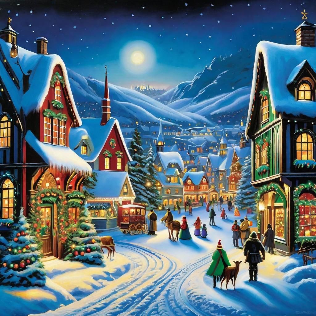 Magical Christmas Village Painting with Winter Lights