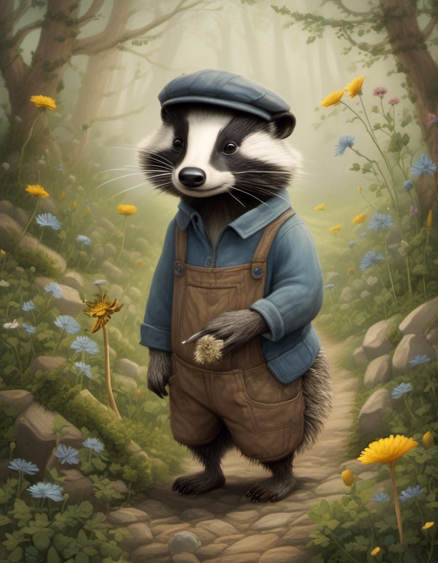 British Badger Sniffing Dandelion in Potter Style