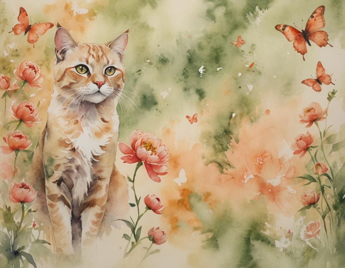 Blonde Cat Surrounded by Peonies as Watercolor