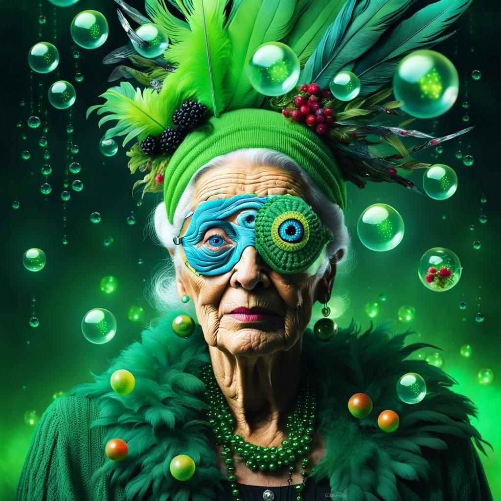 Flamboyant woman who has lost an eye