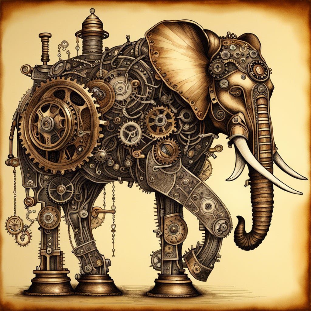 Steampunk Elephant in Da Vinci Pen & Ink Style