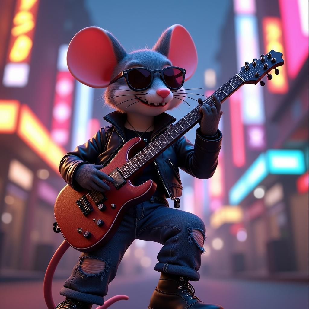 Rock'n'Roll Mouse in Neon Cityscape, 3D Anime Style