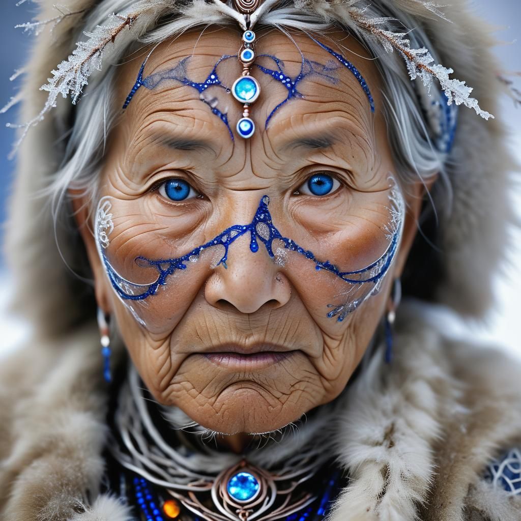 Inuit Elder with Ice Crystals and Henna Patterns