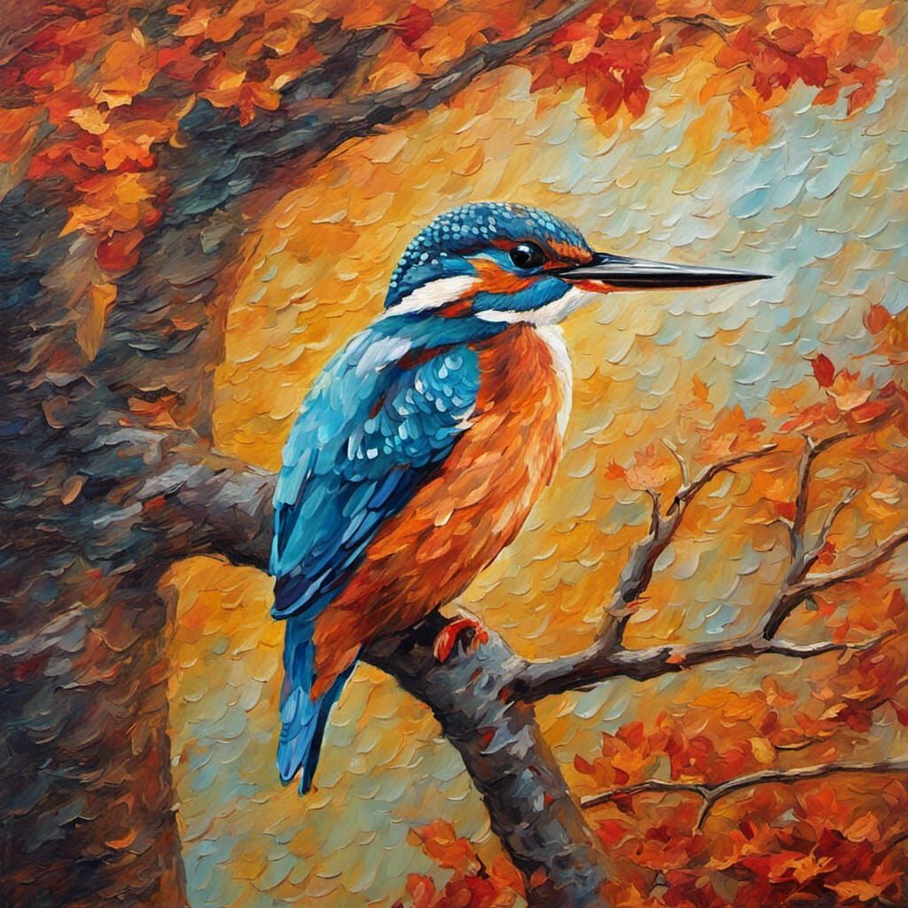 Kingfisher in Autumn, Expressionist Oil Painting