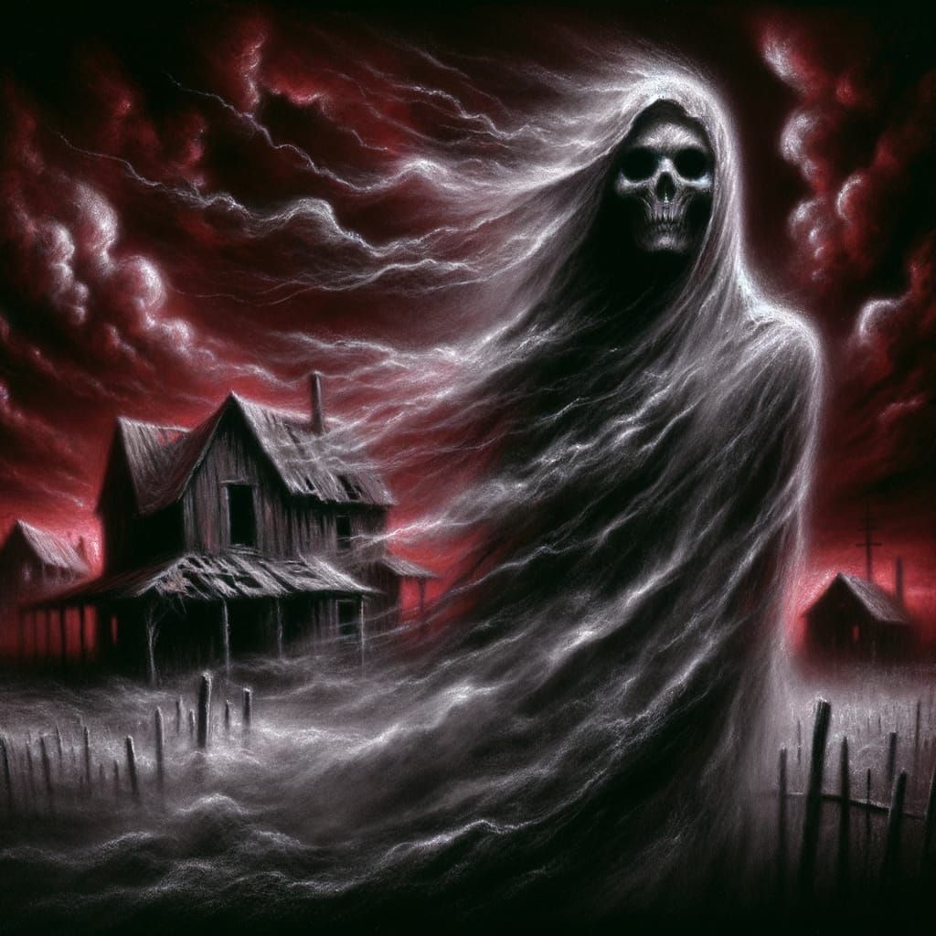 Ghostly Wraith Haunts Farmstead, Charcoal Drawing