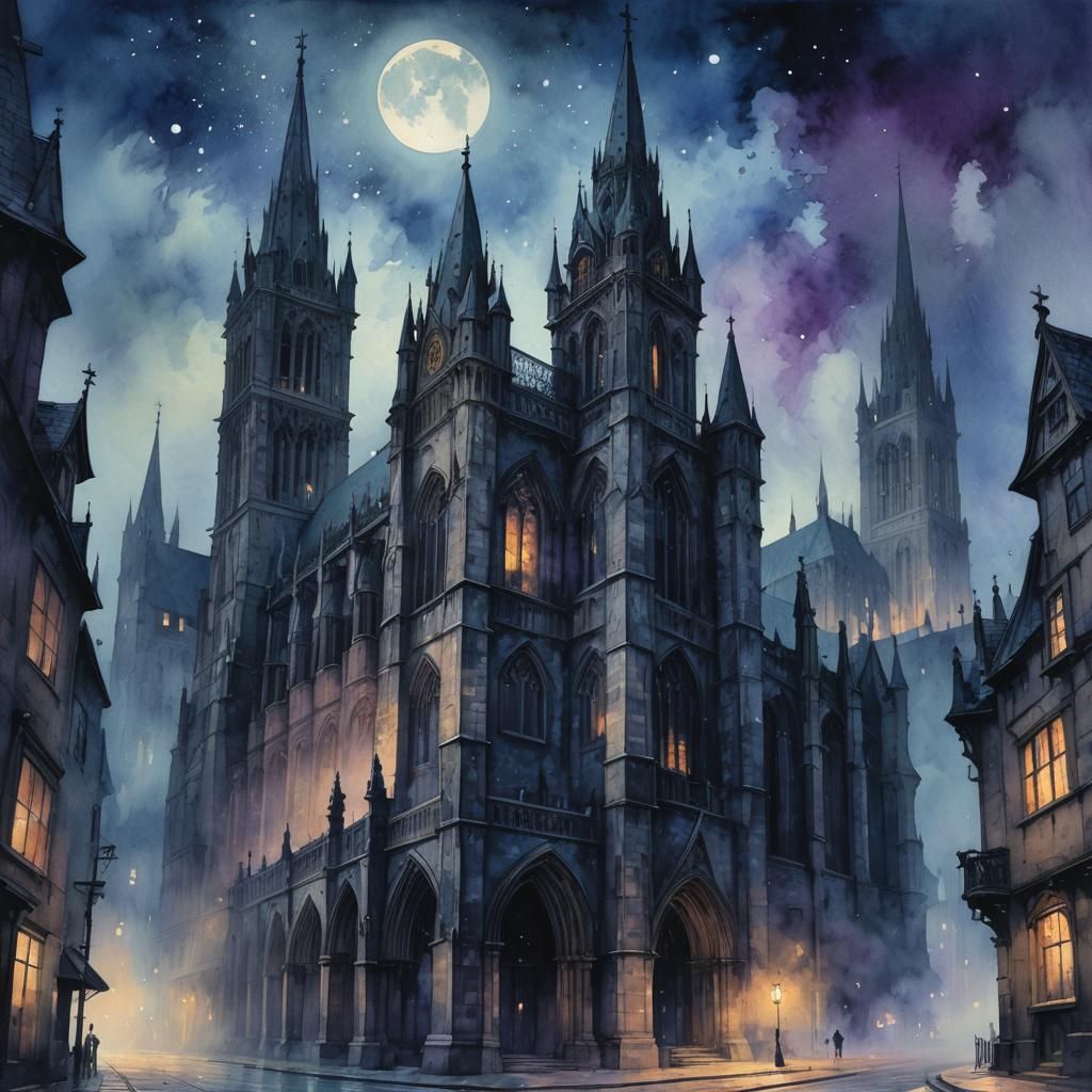 Gothic Cityscape Under Starry Night in Watercolour
