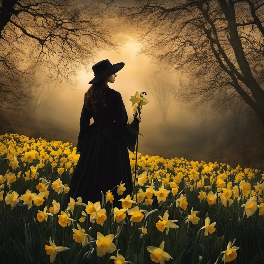 Gothic Woman in Daffodil Field, Music Video Still