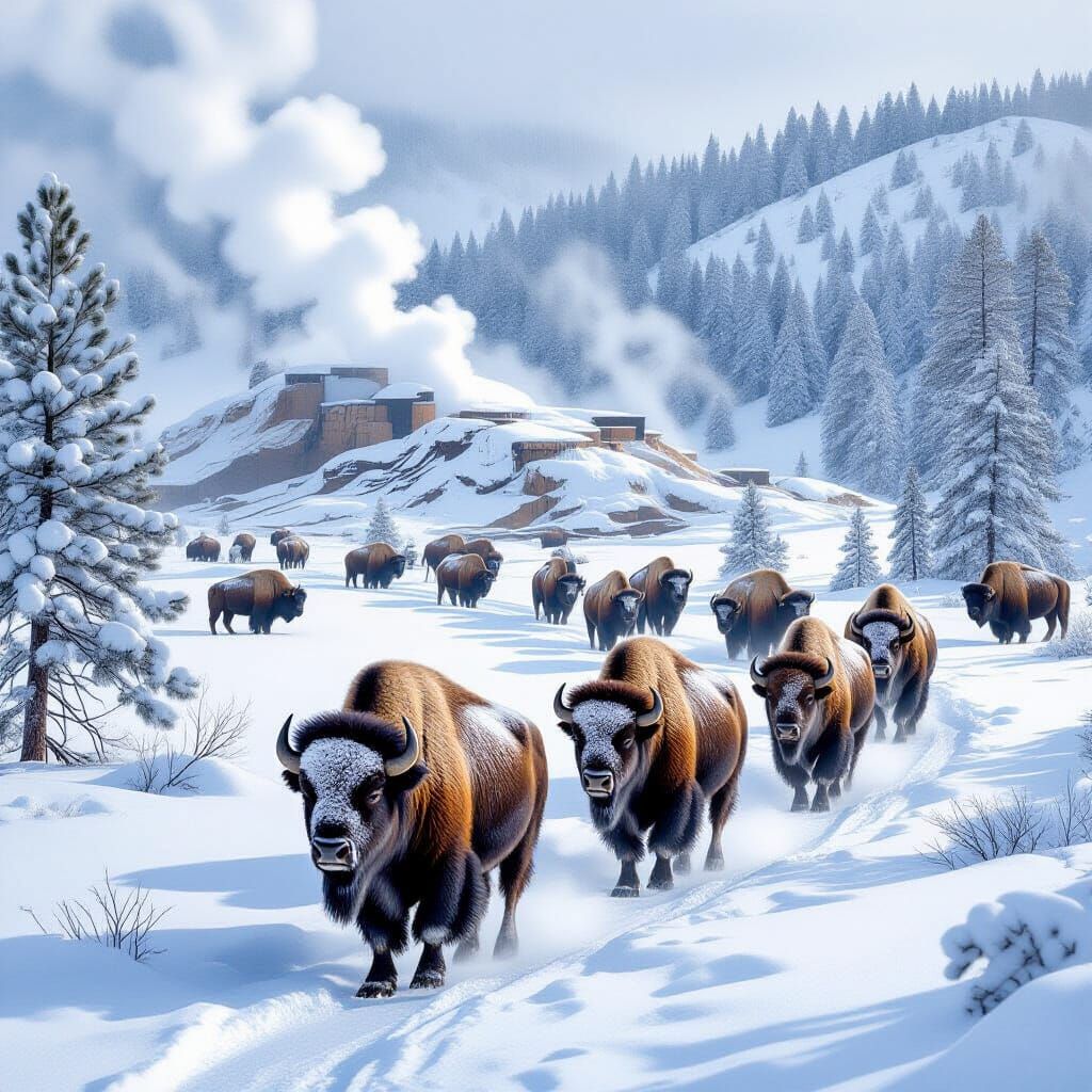 Bison Herd in Yellowstone Winter Wonderland