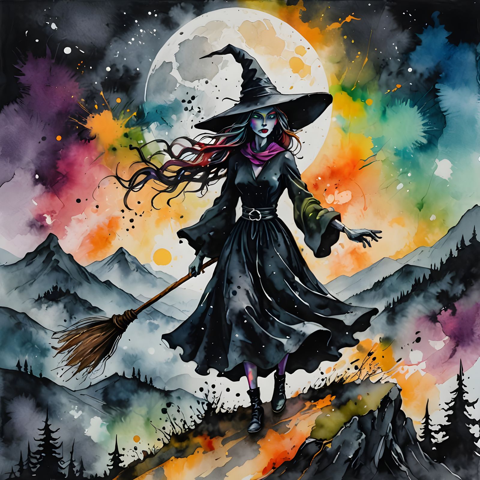 Witch on Broom in Expressionist Splatter Art