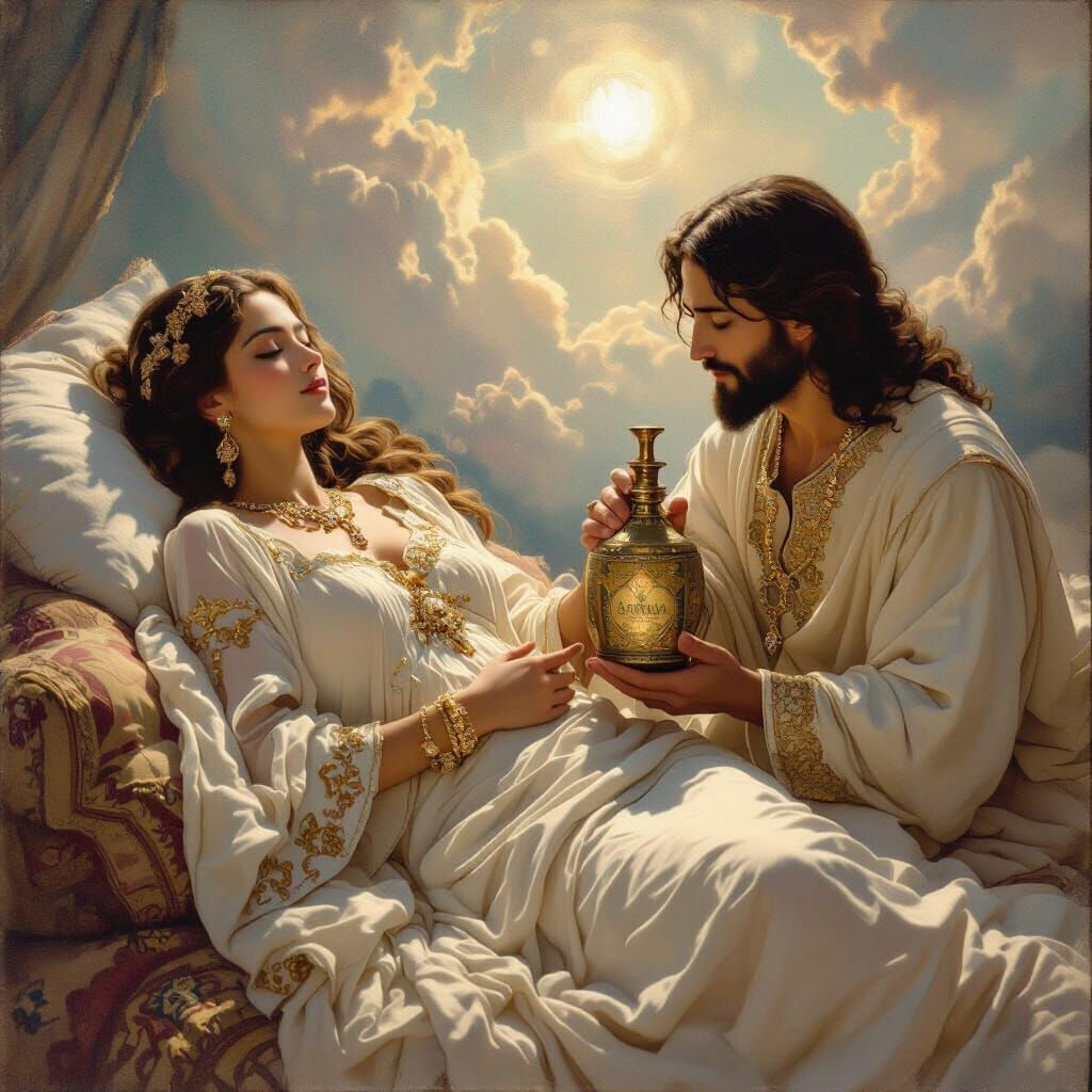 Dreamlike Ambrosia: Woman Sleeping in a Redon-Inspired Scene