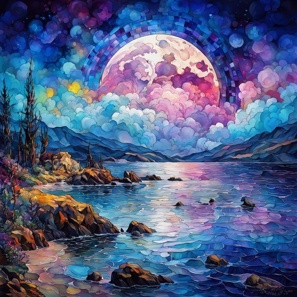 Dreamlike Full Moon in Vibrant, Swirling Clouds and Stars