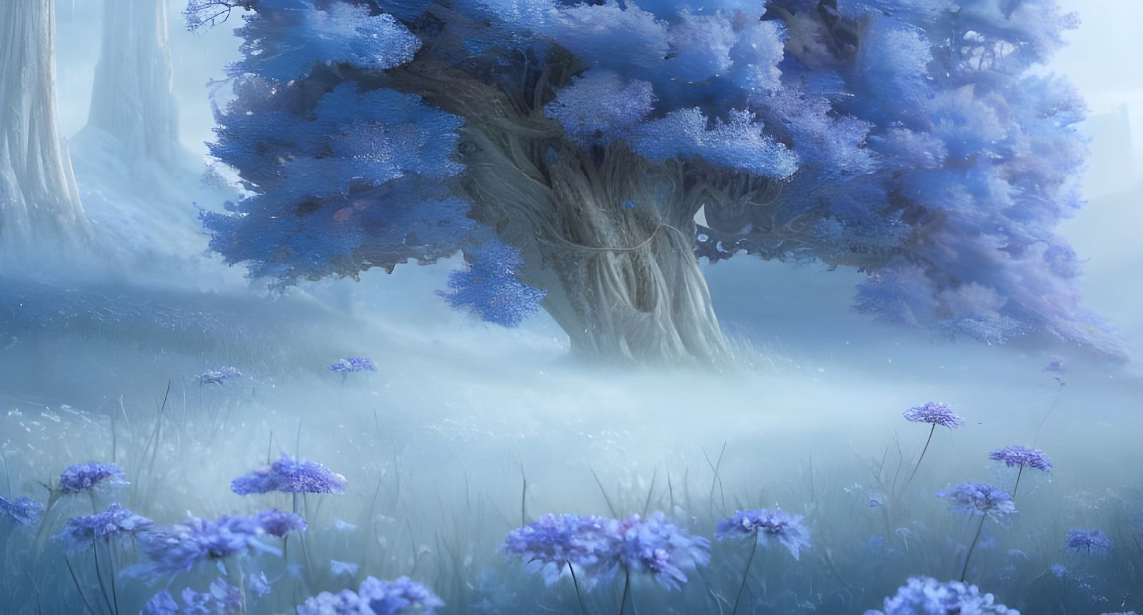 Cobalt Blossom Tree in Winter Landscape, Digital Art