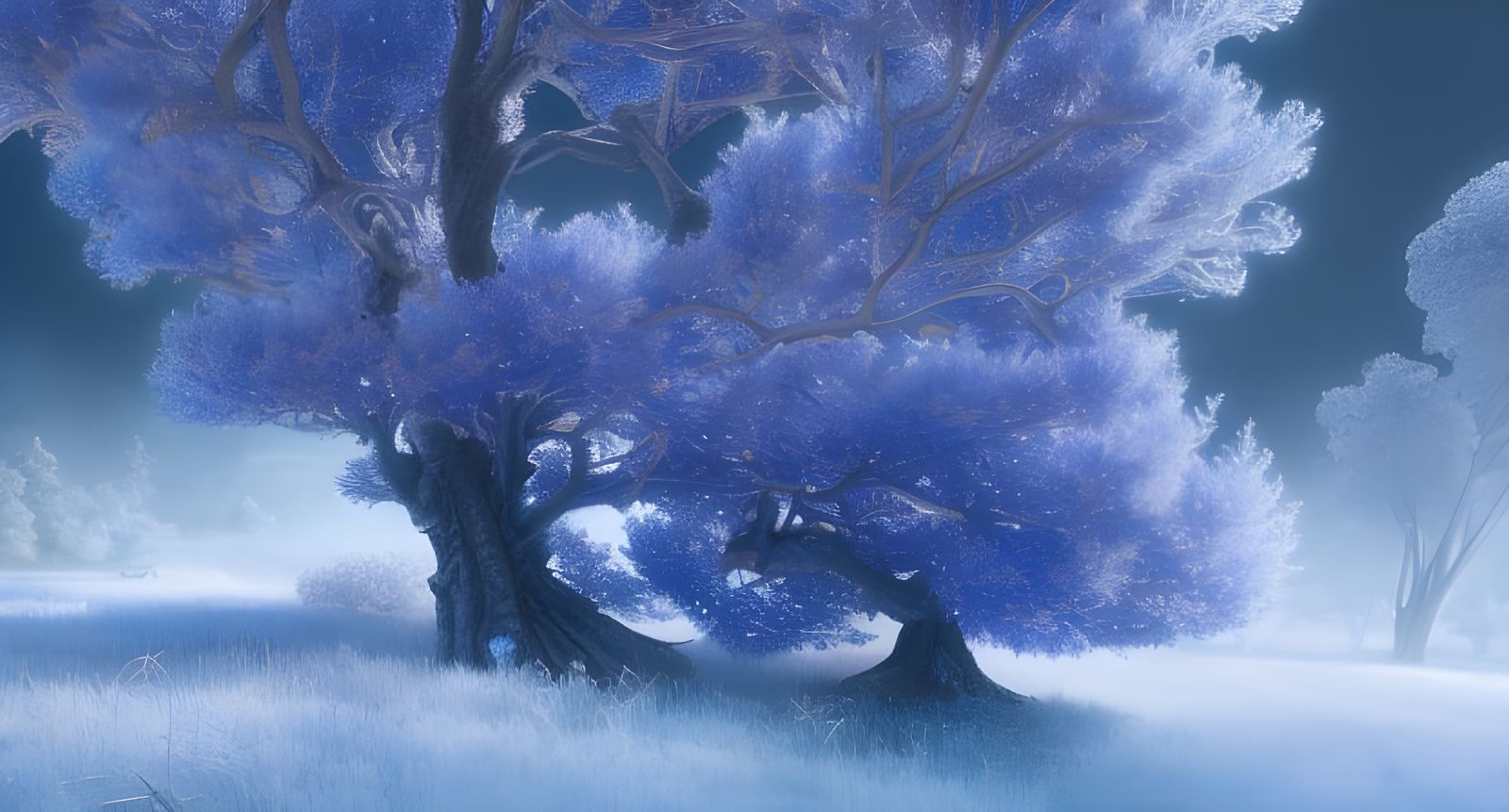 Magical Blossom Tree in Winter Landscape, Digital Art