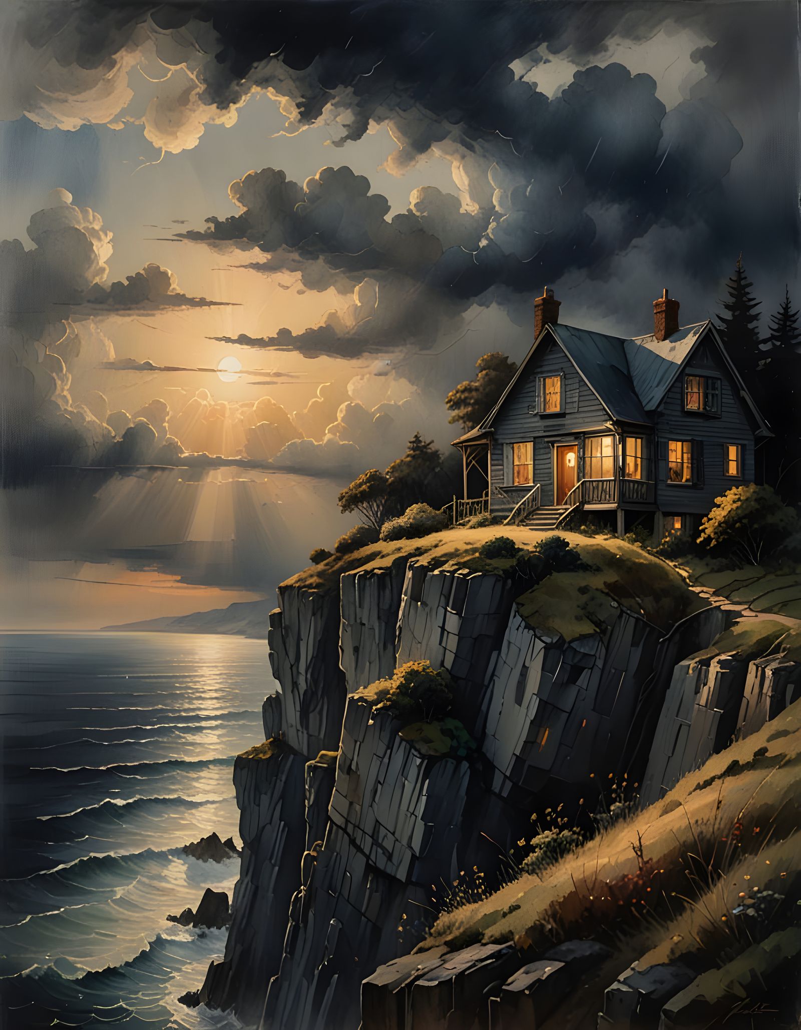 Moody Watercolor Of House Perched On Cliff Above Ocean