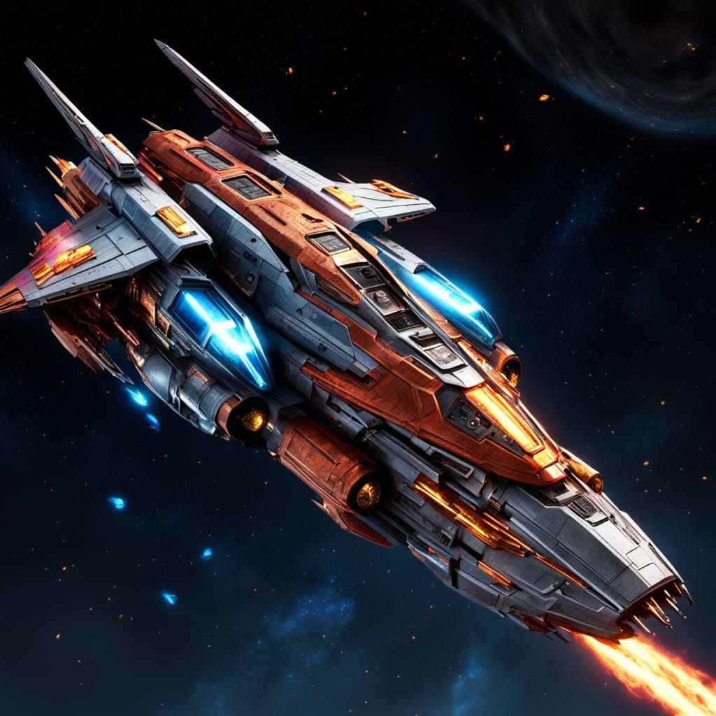 Sci-Fi Spaceship Navigates Asteroid Field with Blue Fire