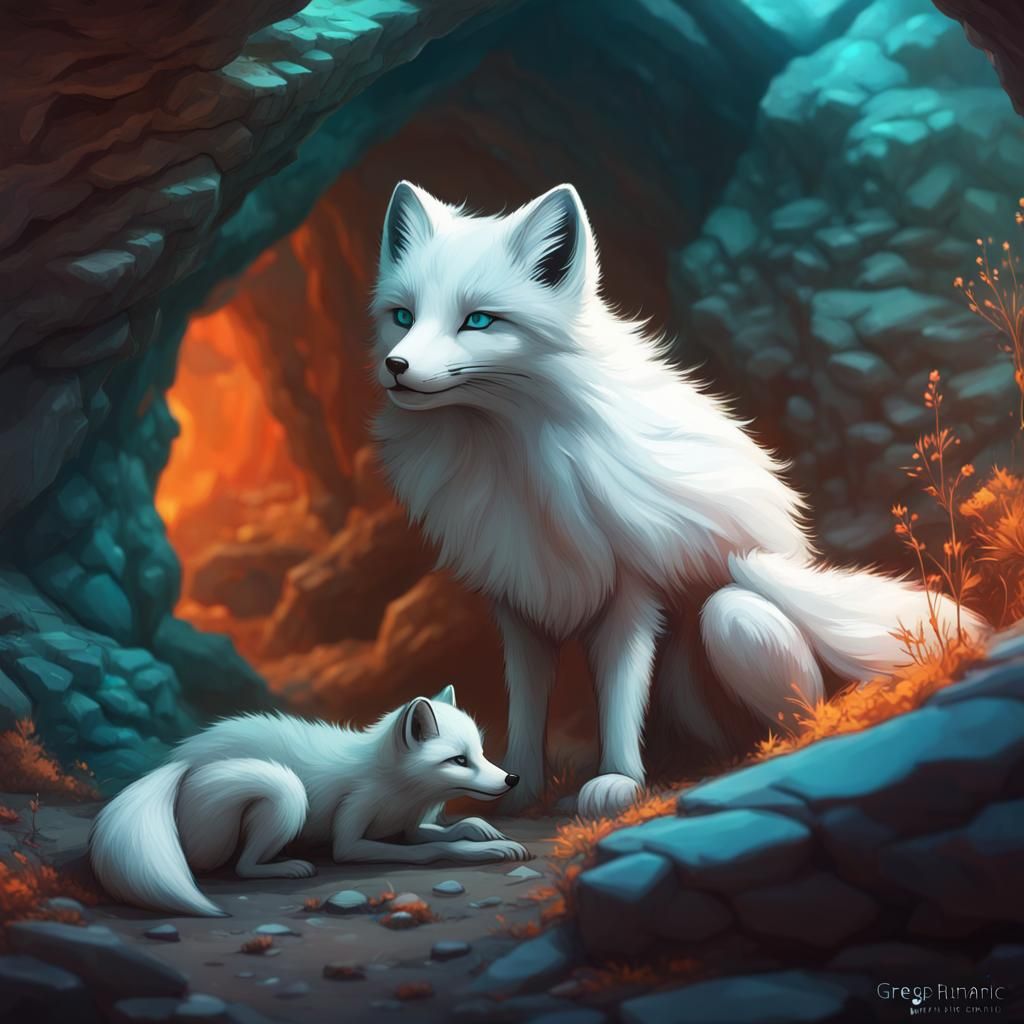 Arctic Fox Family in Cozy Cave, Art Nouveau Style
