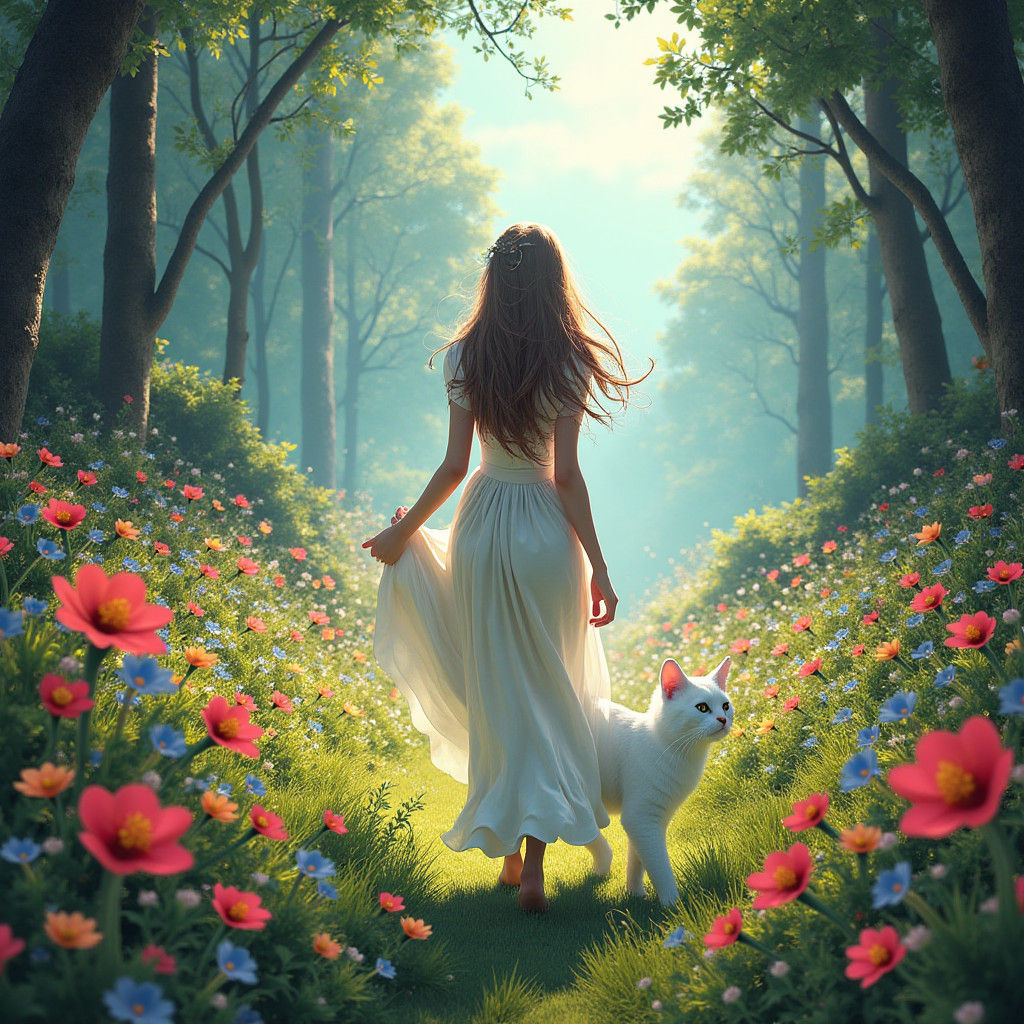 Enchanting Maiden Strolls Through Flower Forest