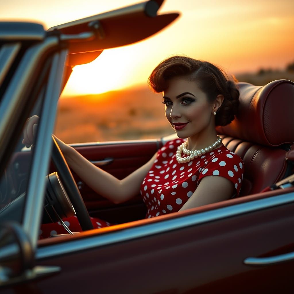 Polka Dot Dress in Vintage Mercedes, Hyper-Realistic Photogr...