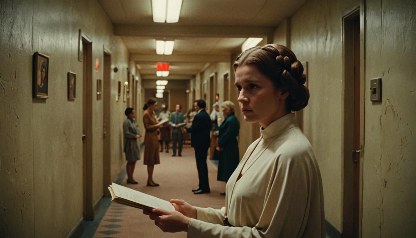 Leia Organa in 1970s Hallway: Cinematic Film Still