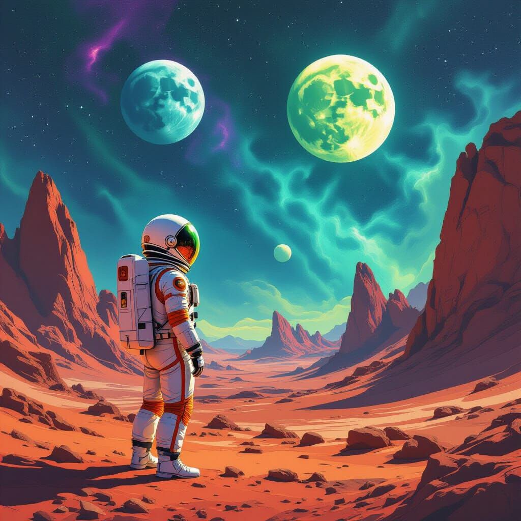 Astronaut on Alien Planet Under Twin Moons