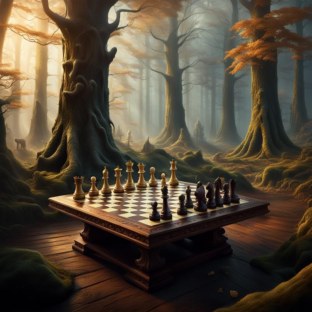 Mystical Forest Chess Game in Matte Painting Style