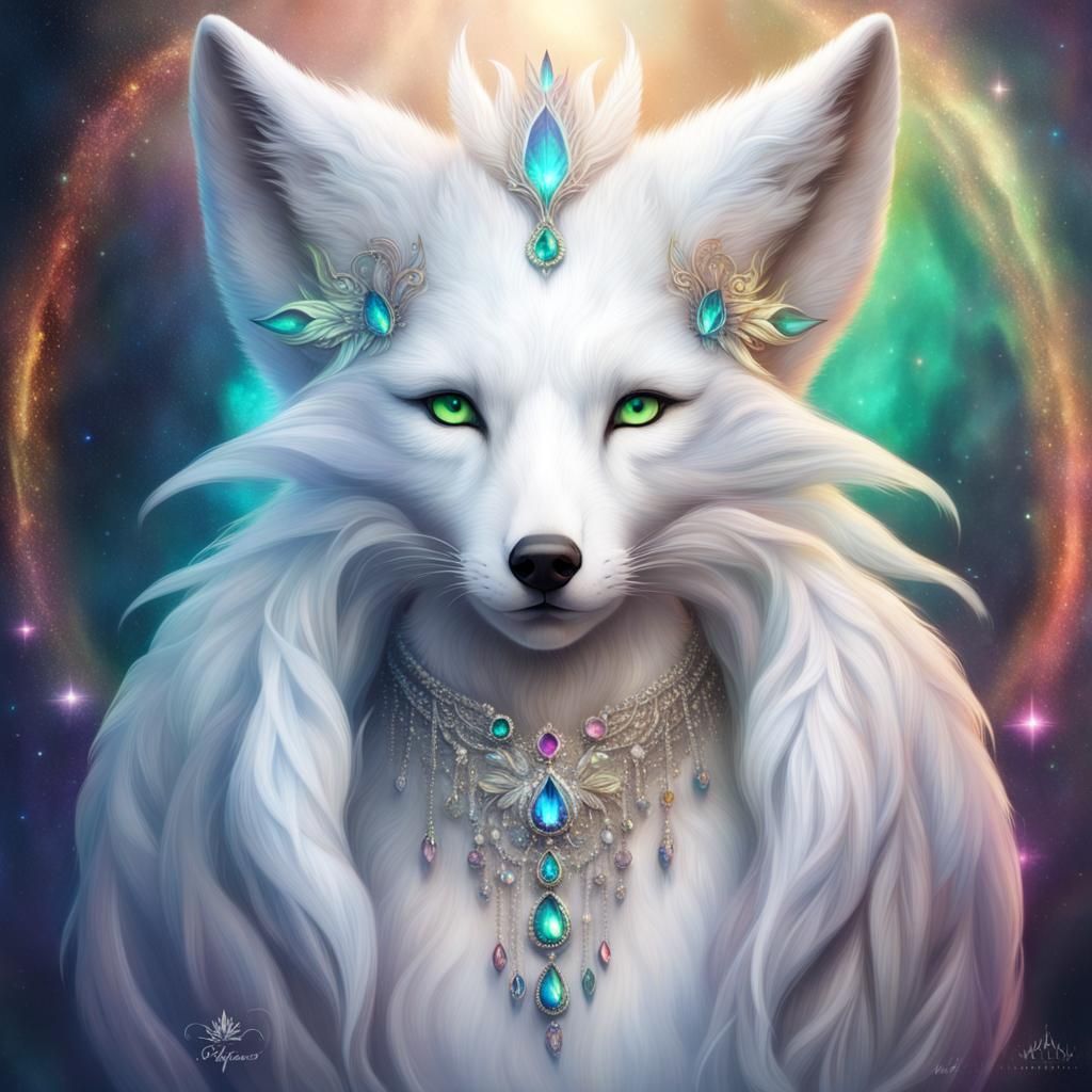 Fantasy White Fox Phoenix with Aurora Borealis