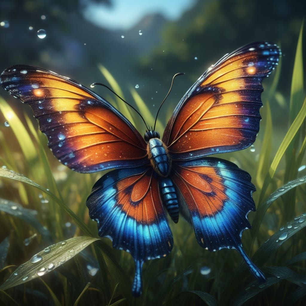 Iridescent Butterfly Perched on Dewy Grass in Morning Light