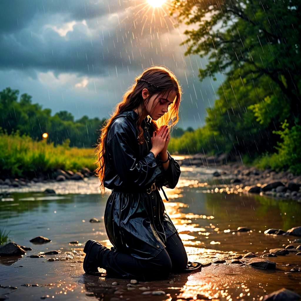 Praying Teenager in Gothic Setting with Divine Light