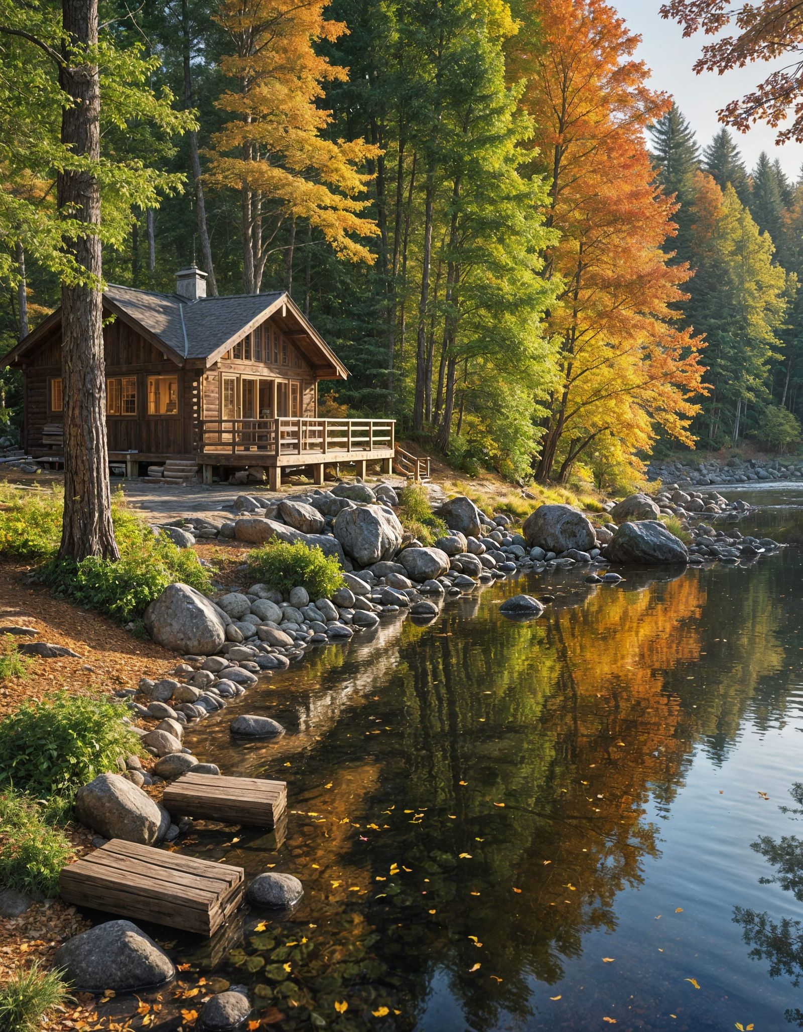 Cozy Autumn Cabin Beside Reflective River