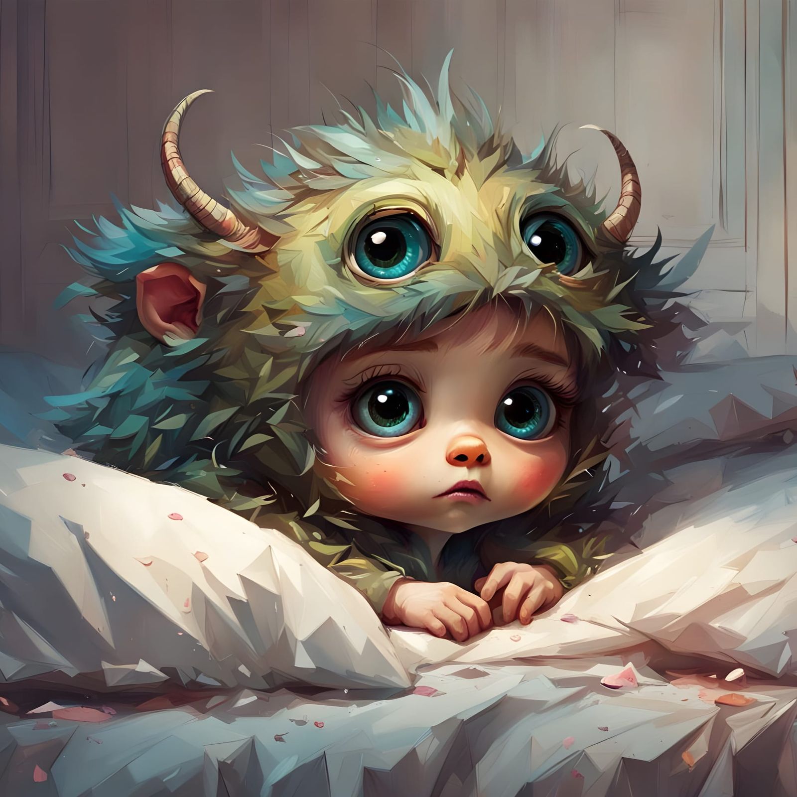 Adorable Sad Baby Monster Portrait in Pixar Style