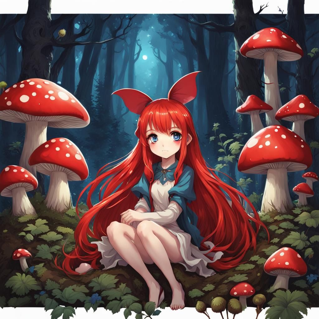 Anime Mushroom Girl with Bat Wings in Forest